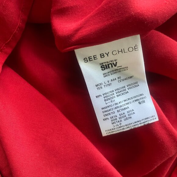 See by Chloé Silk Insert Midi Dress, Red/Black, Size 4 - Picture 9 of 9